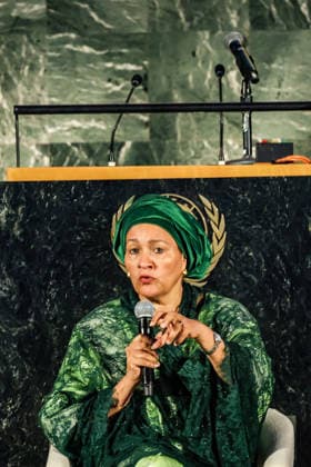 September 18, 2026, New York, New York, United States: United Nations Deputy Secretary-General AMINA J. MOHAMMED speaks during a fireside conversation at the 2026 SDG Moment in the United Nations General Assembly Hall, alongside UN Assistant Secretary-General for Youth Affairs PHILIPPE PAOLI, left, and former First Lady of Namibia and UN SDG Advocate MONICA GEINGOS. The discussion focused on intergenerational solidarity, meaningful youth participation and accelerating progress towards the Sustainable Development Goals. New York United States  - ZUMAo116 20260918_znp_o116_027 Copyright: xBiancaxOterox