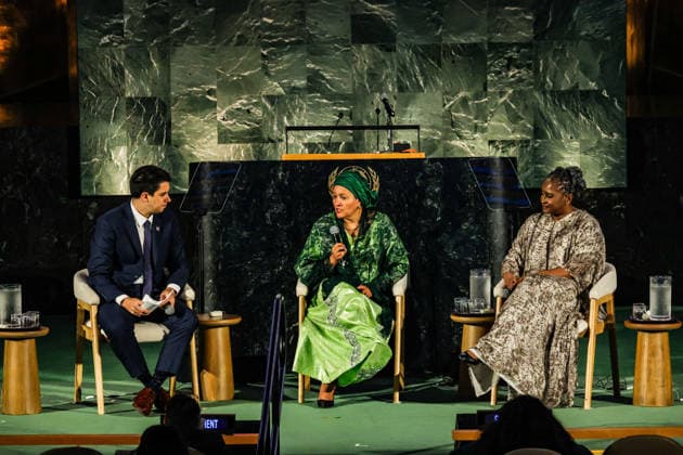 September 18, 2026, New York, New York, United States: United Nations Deputy Secretary-General AMINA J. MOHAMMED speaks during a fireside conversation at the 2026 SDG Moment in the United Nations General Assembly Hall, alongside UN Assistant Secretary-General for Youth Affairs PHILIPPE PAOLI, left, and former First Lady of Namibia and UN SDG Advocate MONICA GEINGOS. The discussion focused on intergenerational solidarity, meaningful youth participation and accelerating progress towards the Sustainable Development Goals. New York United States  - ZUMAo116 20260918_znp_o116_028 Copyright: xBiancaxOterox
