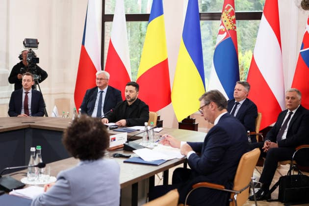 Deputy Head of the Office of the President of Ukraine Oleksii Sobolev, Minister of Foreign Affairs of Ukraine Andrii Sybiha, President of Ukraine Volodymyr Zelenskyy and First Deputy Head of the Office of the President of Ukraine Sergiy Kyslytsya (left to right) participate in the first plenary session of the Carpathian 8 Summit in Ivano-Frankivsk region, Ukraine, September 18, 2026. On this day, President of Ukraine Volodymyr Zelenskyy announced the launch of a new format - the Carpathian Eight (C8) - comprising Austria, the Czech Republic, Hungary, Poland, Romania, Serbia, Slovakia, and Ukraine. (Photo by Yurii Rylchuk Ukrinform) Carpathian 8 Summit in western Ukraine  Copyright: xYuriixRylchukx