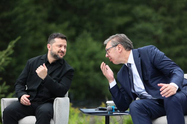 President of Ukraine Volodymyr Zelenskyy (left) and President of Serbia Aleksandar Vucic talk during a news conference at the Carpathian 8 Summit in Ivano-Frankivsk region, Ukraine, September 18, 2026. On this day, President of Ukraine Volodymyr Zelenskyy announced the launch of a new format - the Carpathian Eight (C8) - comprising Austria, the Czech Republic, Hungary, Poland, Romania, Serbia, Slovakia, and Ukraine. (Photo by Yurii Rylchuk Ukrinform) Carpathian 8 Summit in western Ukraine  Copyright: xYuriixRylchukx