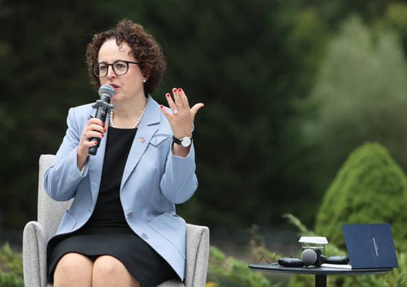 President of the Federal Council of Austria Christine Schwarz-Fuchs attends a news conference during the Carpathian 8 Summit in Ivano-Frankivsk region, Ukraine, September 18, 2026. On this day, President of Ukraine Volodymyr Zelenskyy announced the launch of a new format - the Carpathian Eight (C8) - comprising Austria, the Czech Republic, Hungary, Poland, Romania, Serbia, Slovakia, and Ukraine. (Photo by Yurii Rylchuk Ukrinform) Carpathian 8 Summit in western Ukraine  Copyright: xYuriixRylchukx