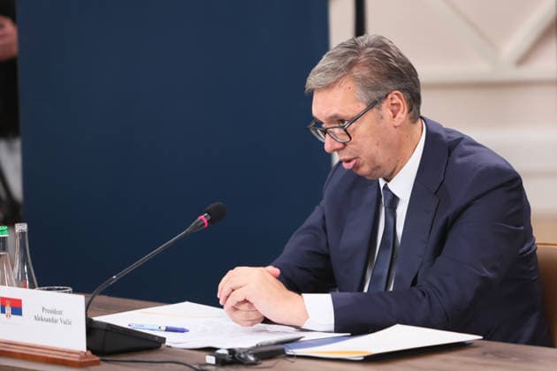 President of Serbia Aleksandar Vucic participates in the first plenary session of the Carpathian 8 Summit in Ivano-Frankivsk region, Ukraine, September 18, 2026. On this day, President of Ukraine Volodymyr Zelenskyy announced the launch of a new format - the Carpathian Eight (C8) - comprising Austria, the Czech Republic, Hungary, Poland, Romania, Serbia, Slovakia, and Ukraine. (Photo by Yurii Rylchuk Ukrinform) Carpathian 8 Summit in western Ukraine  Copyright: xYuriixRylchukx