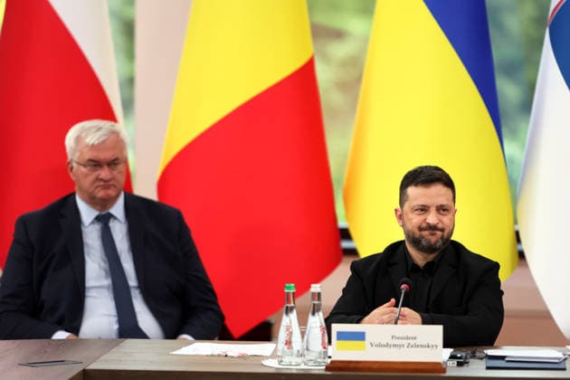 President of Ukraine Volodymyr Zelenskyy (right) and Minister of Foreign Affairs of Ukraine Andrii Sybiha participate in the first plenary session of the Carpathian 8 Summit in Ivano-Frankivsk region, Ukraine, September 18, 2026. On this day, President of Ukraine Volodymyr Zelenskyy announced the launch of a new format - the Carpathian Eight (C8) - comprising Austria, the Czech Republic, Hungary, Poland, Romania, Serbia, Slovakia, and Ukraine. (Photo by Yurii Rylchuk Ukrinform) Carpathian 8 Summit in western Ukraine  Copyright: xYuriixRylchukx