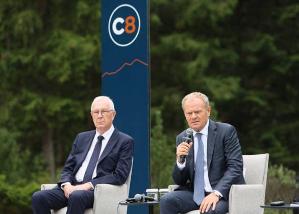 First Vice-President of the Senate of the Czech Republic Jiri Drahos and Prime Minister of Poland Donald Tusk (left to right) attend a news conference during the Carpathian 8 Summit in Ivano-Frankivsk region, Ukraine, September 18, 2026. On this day, President of Ukraine Volodymyr Zelenskyy announced the launch of a new format - the Carpathian Eight (C8) - comprising Austria, the Czech Republic, Hungary, Poland, Romania, Serbia, Slovakia, and Ukraine. (Photo by Yurii Rylchuk Ukrinform) Carpathian 8 Summit in western Ukraine  Copyright: xYuriixRylchukx
