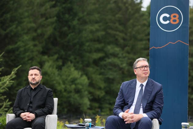 President of Ukraine Volodymyr Zelenskyy (left) and President of Serbia Aleksandar Vucic attend a news conference during the Carpathian 8 Summit in Ivano-Frankivsk region, Ukraine, September 18, 2026. On this day, President of Ukraine Volodymyr Zelenskyy announced the launch of a new format - the Carpathian Eight (C8) - comprising Austria, the Czech Republic, Hungary, Poland, Romania, Serbia, Slovakia, and Ukraine. (Photo by Yurii Rylchuk Ukrinform) Carpathian 8 Summit in western Ukraine  Copyright: xYuriixRylchukx