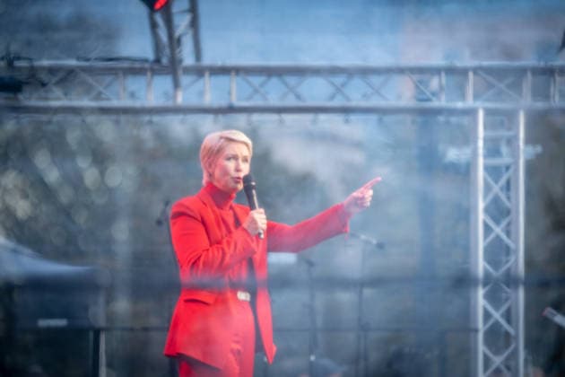 Minister-President and SPD lead candidate Manuela Schwesig at a campaign event in Rostock-Warnemünde; the SPD s closing rally at the Warnemünde Lighthouse for the state election in Mecklenburg-Western Pomerania, Rostock-Warnemünde, Mecklenburg-Western Pomerania, Germany; lighthouse
