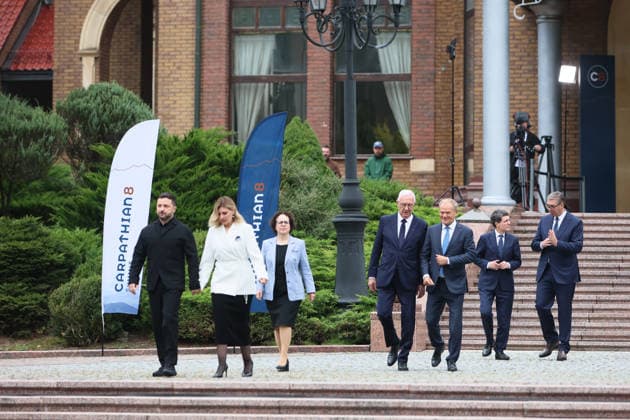 President of Ukraine Volodymyr Zelenskyy, First Lady of Ukraine Olena Zelenska, President of the Federal Council of Austria Christine Schwarz-Fuchs, First Vice-President of the Senate of the Czech Republic Jiri Drahos, Prime Minister of Poland Donald Tusk, President of Romania Nicusor Dan, and President of Serbia Aleksandar Vucic (left to right) attend the Carpathian 8 Summit in Ivano-Frankivsk region, Ukraine, September 18, 2026. On this day, President of Ukraine Volodymyr Zelenskyy announced the launch of a new format - the Carpathian Eight (C8) - comprising Austria, the Czech Republic, Hungary, Poland, Romania, Serbia, Slovakia, and Ukraine. (Photo by Yurii Rylchuk Ukrinform) Carpathian 8 Summit in western Ukraine  Copyright: xYuriixRylchukx