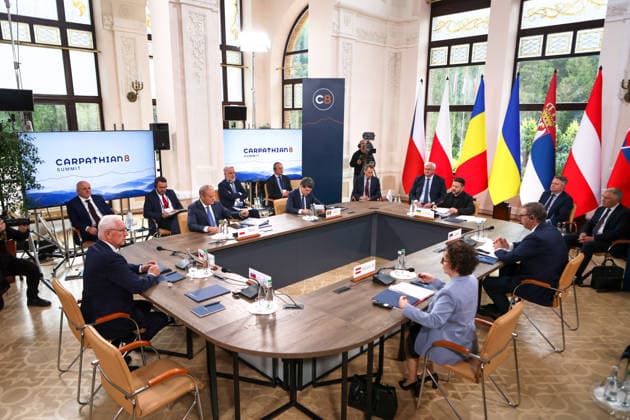 First Vice-President of the Senate of the Czech Republic Jiri Drahos, Prime Minister of Poland Donald Tusk, President of Romania Nicusor Dan, President of Ukraine Volodymyr Zelenskyy, President of Serbia Aleksandar Vucic and President of the Federal Council of Austria Christine Schwarz-Fuchs (left to right) participate in the first plenary sitting of the Carpathian 8 Summit in Ivano-Frankivsk region, Ukraine, September 18, 2026. On this day, President of Ukraine Volodymyr Zelenskyy announced the launch of a new format - the Carpathian Eight (C8) - comprising Austria, the Czech Republic, Hungary, Poland, Romania, Serbia, Slovakia, and Ukraine. (Photo by Yurii Rylchuk Ukrinform) Carpathian 8 Summit in western Ukraine  Copyright: xYuriixRylchukx