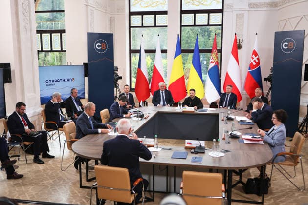 First Vice-President of the Senate of the Czech Republic Jiri Drahos, Prime Minister of Poland Donald Tusk, President of Romania Nicusor Dan, President of Ukraine Volodymyr Zelenskyy, President of Serbia Aleksandar Vucic and President of the Federal Council of Austria Christine Schwarz-Fuchs (left to right) participate in the first plenary sitting of the Carpathian 8 Summit in Ivano-Frankivsk region, Ukraine, September 18, 2026. On this day, President of Ukraine Volodymyr Zelenskyy announced the launch of a new format - the Carpathian Eight (C8) - comprising Austria, the Czech Republic, Hungary, Poland, Romania, Serbia, Slovakia, and Ukraine. (Photo by Yurii Rylchuk Ukrinform) Carpathian 8 Summit in western Ukraine  Copyright: xYuriixRylchukx