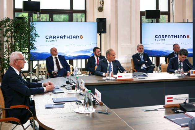 First Vice-President of the Senate of the Czech Republic Jiri Drahos, Prime Minister of Poland Donald Tusk, and President of Romania Nicusor Dan (left to right) participate in the first plenary sitting of the Carpathian 8 Summit in Ivano-Frankivsk region, Ukraine, September 18, 2026. On this day, President of Ukraine Volodymyr Zelenskyy announced the launch of a new format - the Carpathian Eight (C8) - comprising Austria, the Czech Republic, Hungary, Poland, Romania, Serbia, Slovakia, and Ukraine. (Photo by Yurii Rylchuk Ukrinform) Carpathian 8 Summit in western Ukraine  Copyright: xYuriixRylchukx