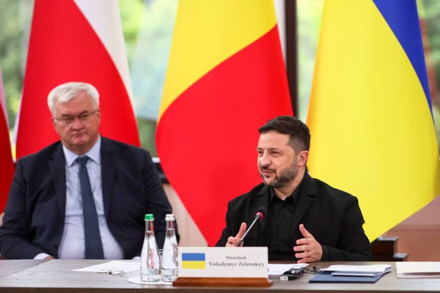 President of Ukraine Volodymyr Zelenskyy (right) and Minister of Foreign Affairs of Ukraine Andrii Sybiha participate in the first plenary session of the Carpathian 8 Summit in Ivano-Frankivsk region, Ukraine, September 18, 2026. On this day, President of Ukraine Volodymyr Zelenskyy announced the launch of a new format - the Carpathian Eight (C8) - comprising Austria, the Czech Republic, Hungary, Poland, Romania, Serbia, Slovakia, and Ukraine. (Photo by Yurii Rylchuk Ukrinform) Carpathian 8 Summit in western Ukraine  Copyright: xYuriixRylchukx