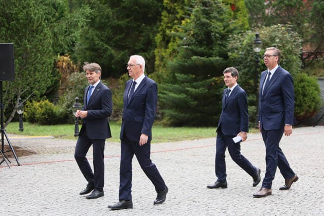 President of Serbia Aleksandar Vucic, President of Romania Nicusor Dan, and First Vice-President of the Senate of the Czech Republic Jiri Drahos (right to left) attend the Carpathian 8 Summit in Ivano-Frankivsk region, Ukraine, September 18, 2026. On this day, President of Ukraine Volodymyr Zelenskyy announced the launch of a new format - the Carpathian Eight (C8) - comprising Austria, the Czech Republic, Hungary, Poland, Romania, Serbia, Slovakia, and Ukraine. (Photo by Yurii Rylchuk Ukrinform) Carpathian 8 Summit in western Ukraine  Copyright: xYuriixRylchukx