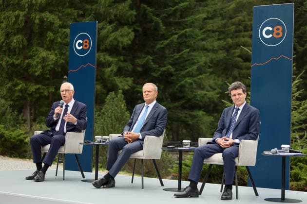 First Vice-President of the Senate of the Czech Republic Jiri Drahos, Prime Minister of Poland Donald Tusk, and President of Romania Nicusor Dan (left to right) attend a news conference during the Carpathian 8 Summit in Ivano-Frankivsk region, Ukraine, September 18, 2026. On this day, President of Ukraine Volodymyr Zelenskyy announced the launch of a new format - the Carpathian Eight (C8) - comprising Austria, the Czech Republic, Hungary, Poland, Romania, Serbia, Slovakia, and Ukraine. (Photo by Yurii Rylchuk Ukrinform) Carpathian 8 Summit in western Ukraine  Copyright: xYuriixRylchukx