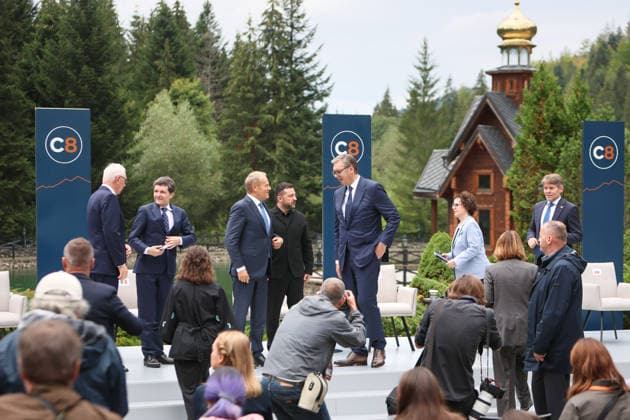 First Vice-President of the Senate of the Czech Republic Jiri Drahos, President of Romania Nicusor Dan, Prime Minister of Poland Donald Tusk, President of Ukraine Volodymyr Zelenskyy, President of Serbia Aleksandar Vucic, President of the Federal Council of Austria Christine Schwarz-Fuchs, and State Secretary of the Ministry of Foreign and European Affairs of Slovakia Marek Estok (left to right) talk during the Carpathian 8 Summit in Ivano-Frankivsk region, Ukraine, September 18, 2026. On this day, President of Ukraine Volodymyr Zelenskyy announced the launch of a new format - the Carpathian Eight (C8) - comprising Austria, the Czech Republic, Hungary, Poland, Romania, Serbia, Slovakia, and Ukraine. (Photo by Yurii Rylchuk Ukrinform) Carpat  Copyright: xYuriixRylchukx