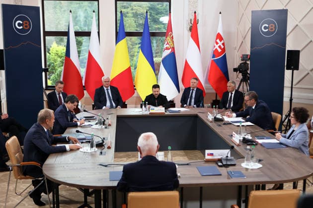 First Vice-President of the Senate of the Czech Republic Jiri Drahos, Prime Minister of Poland Donald Tusk, President of Romania Nicusor Dan, President of Ukraine Volodymyr Zelenskyy, President of Serbia Aleksandar Vucic and President of the Federal Council of Austria Christine Schwarz-Fuchs (left to right) participate in the first plenary sitting of the Carpathian 8 Summit in Ivano-Frankivsk region, Ukraine, September 18, 2026. On this day, President of Ukraine Volodymyr Zelenskyy announced the launch of a new format - the Carpathian Eight (C8) - comprising Austria, the Czech Republic, Hungary, Poland, Romania, Serbia, Slovakia, and Ukraine. (Photo by Yurii Rylchuk Ukrinform) Carpathian 8 Summit in western Ukraine  Copyright: xYuriixRylchukx