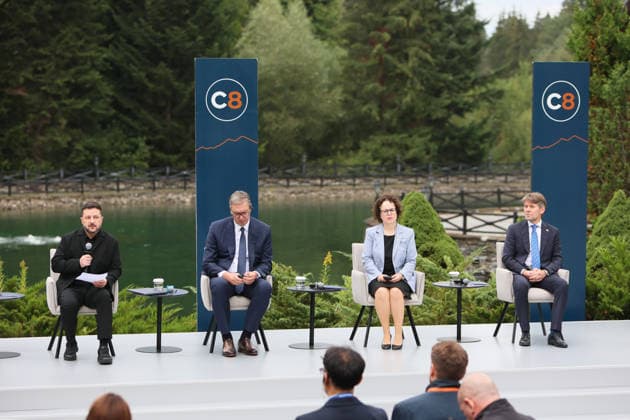 President of Ukraine Volodymyr Zelenskyy, President of Serbia Aleksandar Vucic, President of the Federal Council of Austria Christine Schwarz-Fuchs, and State Secretary of the Ministry of Foreign and European Affairs of Slovakia Marek Estok (left to right) participate in a news conference during the Carpathian 8 Summit in Ivano-Frankivsk region, Ukraine, September 18, 2026. On this day, President of Ukraine Volodymyr Zelenskyy announced the launch of a new format - the Carpathian Eight (C8) - comprising Austria, the Czech Republic, Hungary, Poland, Romania, Serbia, Slovakia, and Ukraine. (Photo by Yurii Rylchuk Ukrinform) Carpathian 8 Summit in western Ukraine  Copyright: xYuriixRylchukx