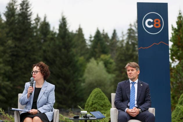President of the Federal Council of Austria Christine Schwarz-Fuchs and State Secretary of the Ministry of Foreign and European Affairs of Slovakia Marek Estok participate in a news conference at the Carpathian 8 Summit in Ivano-Frankivsk region, Ukraine, September 18, 2026. On this day, President of Ukraine Volodymyr Zelenskyy announced the launch of a new format - the Carpathian Eight (C8) - comprising Austria, the Czech Republic, Hungary, Poland, Romania, Serbia, Slovakia, and Ukraine. (Photo by Yurii Rylchuk Ukrinform) Carpathian 8 Summit in western Ukraine  Copyright: xYuriixRylchukx