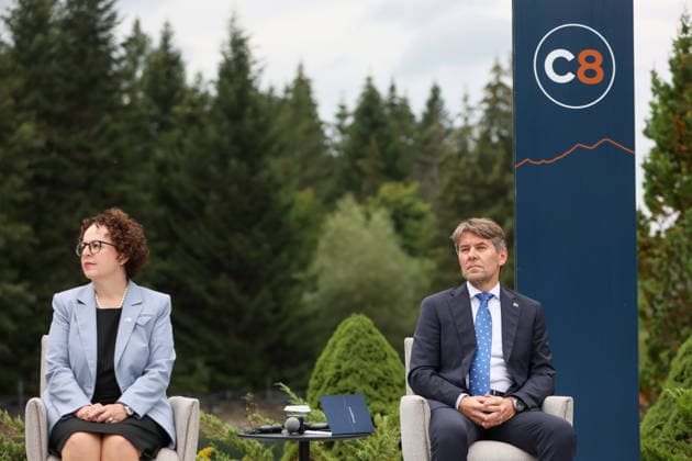 President of the Federal Council of Austria Christine Schwarz-Fuchs and State Secretary of the Ministry of Foreign and European Affairs of Slovakia Marek Estok participate in a news conference at the Carpathian 8 Summit in Ivano-Frankivsk region, Ukraine, September 18, 2026. On this day, President of Ukraine Volodymyr Zelenskyy announced the launch of a new format - the Carpathian Eight (C8) - comprising Austria, the Czech Republic, Hungary, Poland, Romania, Serbia, Slovakia, and Ukraine. (Photo by Yurii Rylchuk Ukrinform) Carpathian 8 Summit in western Ukraine  Copyright: xYuriixRylchukx
