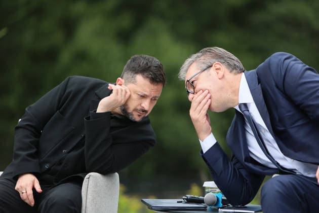 President of Ukraine Volodymyr Zelenskyy (left) and President of Serbia Aleksandar Vucic talk during a news conference at the Carpathian 8 Summit in Ivano-Frankivsk region, Ukraine, September 18, 2026. On this day, President of Ukraine Volodymyr Zelenskyy announced the launch of a new format - the Carpathian Eight (C8) - comprising Austria, the Czech Republic, Hungary, Poland, Romania, Serbia, Slovakia, and Ukraine. (Photo by Yurii Rylchuk Ukrinform) Carpathian 8 Summit in western Ukraine  Copyright: xYuriixRylchukx