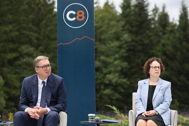 President of Serbia Aleksandar Vucic and President of the Federal Council of Austria Christine Schwarz-Fuchs participate in a news conference during the Carpathian 8 Summit in Ivano-Frankivsk region, Ukraine, September 18, 2026. On this day, President of Ukraine Volodymyr Zelenskyy announced the launch of a new format - the Carpathian Eight (C8) - comprising Austria, the Czech Republic, Hungary, Poland, Romania, Serbia, Slovakia, and Ukraine. (Photo by Yurii Rylchuk Ukrinform) Carpathian 8 Summit in western Ukraine  Copyright: xYuriixRylchukx