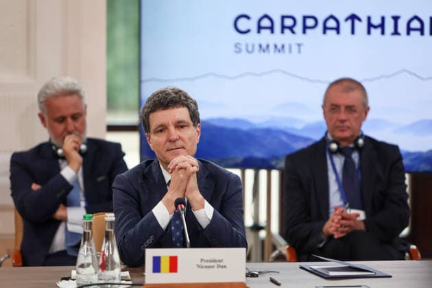 President of Romania Nicusor Dan participates in the first plenary sitting of the Carpathian 8 Summit in Ivano-Frankivsk region, Ukraine, September 18, 2026. On this day, President of Ukraine Volodymyr Zelenskyy announced the launch of a new format - the Carpathian Eight (C8) - comprising Austria, the Czech Republic, Hungary, Poland, Romania, Serbia, Slovakia, and Ukraine. (Photo by Yurii Rylchuk Ukrinform) Carpathian 8 Summit in western Ukraine  Copyright: xYuriixRylchukx