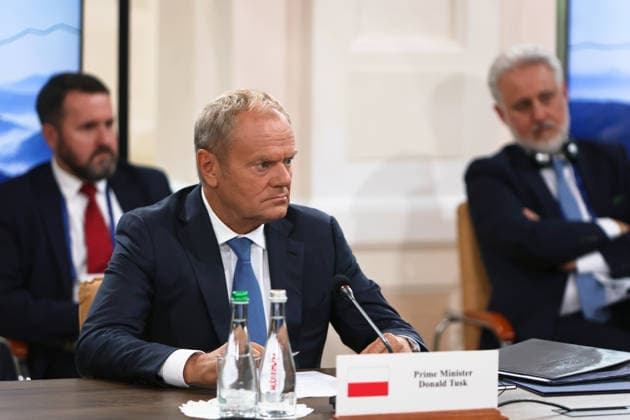 Prime Minister of Poland Donald Tusk participates in the first plenary session of the Carpathian 8 Summit in Ivano-Frankivsk region, Ukraine, September 18, 2026. On this day, President of Ukraine Volodymyr Zelenskyy announced the launch of a new format - the Carpathian Eight (C8) - comprising Austria, the Czech Republic, Hungary, Poland, Romania, Serbia, Slovakia, and Ukraine. (Photo by Yurii Rylchuk Ukrinform) Carpathian 8 Summit in western Ukraine  Copyright: xYuriixRylchukx