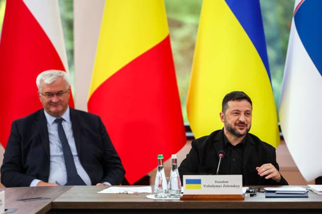President of Ukraine Volodymyr Zelenskyy (right) and Minister of Foreign Affairs of Ukraine Andrii Sybiha participate in the first plenary session of the Carpathian 8 Summit in Ivano-Frankivsk region, Ukraine, September 18, 2026. On this day, President of Ukraine Volodymyr Zelenskyy announced the launch of a new format - the Carpathian Eight (C8) - comprising Austria, the Czech Republic, Hungary, Poland, Romania, Serbia, Slovakia, and Ukraine. (Photo by Yurii Rylchuk Ukrinform) Carpathian 8 Summit in western Ukraine  Copyright: xYuriixRylchukx