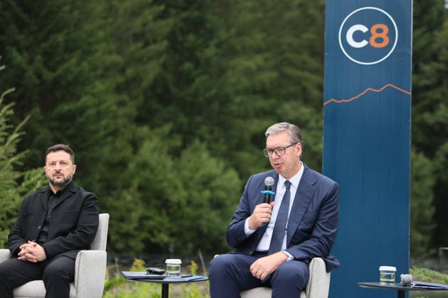 President of Ukraine Volodymyr Zelenskyy (left) and President of Serbia Aleksandar Vucic attend a news conference during the Carpathian 8 Summit in Ivano-Frankivsk region, Ukraine, September 18, 2026. On this day, President of Ukraine Volodymyr Zelenskyy announced the launch of a new format - the Carpathian Eight (C8) - comprising Austria, the Czech Republic, Hungary, Poland, Romania, Serbia, Slovakia, and Ukraine. (Photo by Yurii Rylchuk Ukrinform) Carpathian 8 Summit in western Ukraine  Copyright: xYuriixRylchukx