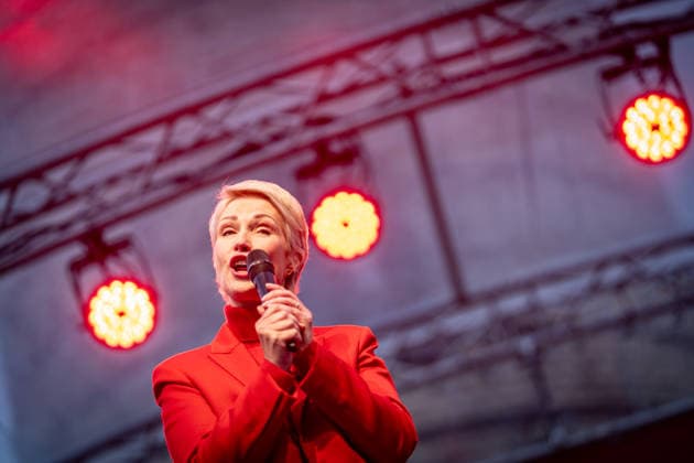Minister-President and SPD lead candidate Manuela Schwesig at a campaign event in Rostock-Warnemünde; the SPD s closing rally for the state election in Mecklenburg-Western Pomerania, held at the Warnemünde Lighthouse, Rostock-Warnemünde, Mecklenburg-Western Pomerania, Germany; lighthouse