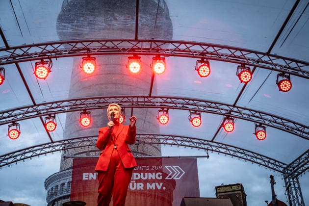 Minister-President and SPD lead candidate Manuela Schwesig at a campaign event in Rostock-Warnemünde; the SPD s closing rally for the state election in Mecklenburg-Western Pomerania, held at the Warnemünde Lighthouse, Rostock-Warnemünde, Mecklenburg-Western Pomerania, Germany; lighthouse