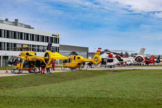 AirMed World Congress 2026: Rescue helicopters on display on the tarmac at Oberpfaffenhofen Airport, Oberpfaffenhofen, ADAC Air Rescue Campus Bavaria Special-Purpose Airport, Germany