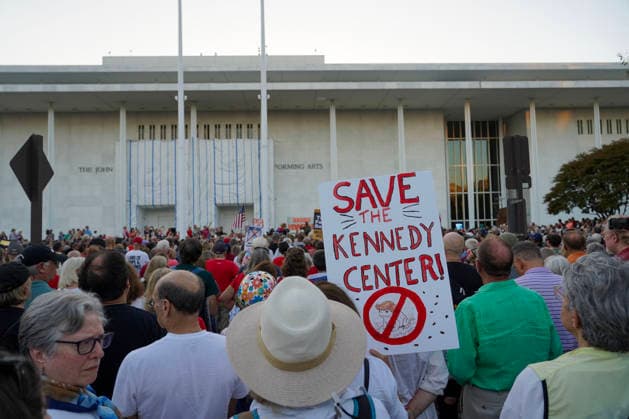 Demonstrators participate in the Hands Off the Arts Kennedy Center protest, objecting to President Donald Trump s call for the possibility of demolishing the Kennedy Center at the John F. Kennedy Center for the Performing Arts on Friday, September 18, 2026 in Washington DC. Several hundreds of activists held signs and walked the premises calling for President Trump to be removed as the chairman of the Kennedy Center.  WAP20260918909 LeighxVogel