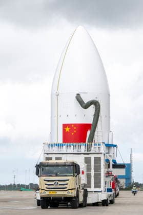 WENCHANG, CHINA - SEPTEMBER 19: The Long March 8A Y11 carrier rocket and its payloads are transferred from the technical area to Launch Pad No. 1 at the Hainan Wenchang Commercial Aerospace Launch Site on September 19, 2026 in Wenchang, Hainan Province of China. The transfer took place after the rocket and payloads completed testing work in the technical area.  Copyright: xVCGx 111667948652