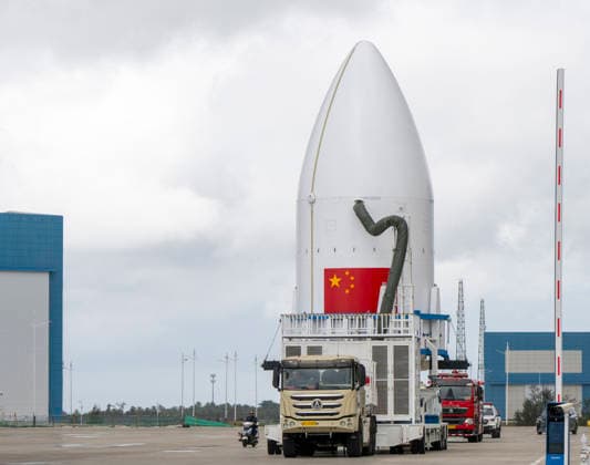 WENCHANG, CHINA - SEPTEMBER 19: The Long March 8A Y11 carrier rocket and its payload are transferred from the technical area to Launch Pad No. 1 at the Hainan Wenchang Commercial Aerospace Launch Site on September 19, 2026 in Wenchang, Hainan Province of China. The transfer took place after the rocket and payload completed testing work in the technical zone.  Copyright: xVCGx 111667948650