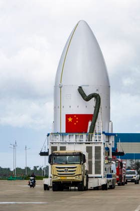WENCHANG, CHINA - SEPTEMBER 19: The Long March 8A Y11 carrier rocket and its payload are transported from the technical area to Launch Pad No. 1 at the Wenchang Commercial Space Launch Site on September 19, 2026 in Wenchang, Hainan Province of China. The rocket and payload were moved after completing testing work in the technical zone.  Copyright: xVCGx 111667948649