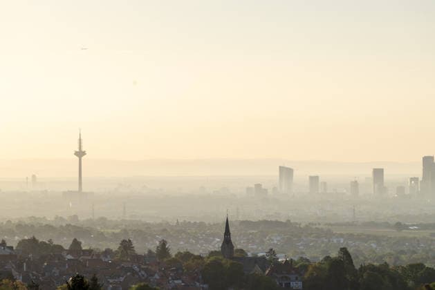 Frankfurt in the Morning: A view of the Frankfurt am Main skyline in the morning sun, Kronberg, Hesse, Germany