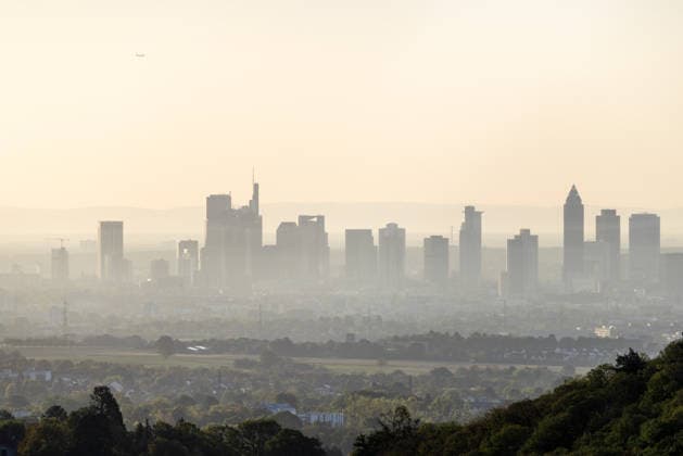 Frankfurt in the Morning: A view of the Frankfurt am Main skyline in the morning sun, Kronberg, Hesse, Germany