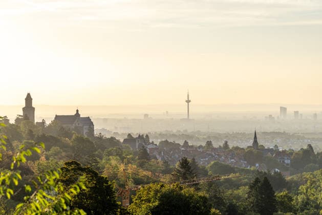 Frankfurt in the Morning: A view of the Frankfurt am Main skyline in the morning sun, Kronberg, Hesse, Germany
