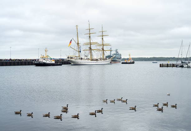 German Navy: The training sailing ship Gorch Fock arrives in Kiel after a long voyage abroad. The training sailing ship Gorch Fock is towed to its berth at the Kiel Naval Base. Kiel, Kiel Fjord, Schleswig-Holstein, Germany