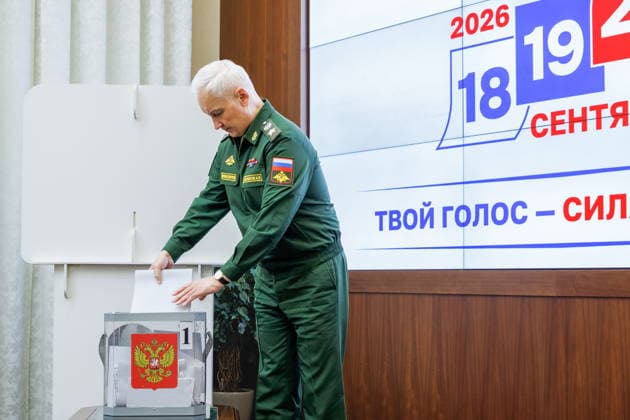 RUSSIA, MOSCOW - SEPTEMBER 19, 2026: Russia s Defence Minister Andrei Belousov casts his vote at a polling station during the 2026 Russian legislative election held on September 18-20, including regional parliamentary and local elections, as well as the election to the Russian State Duma of the 9th convocation. Vadim Savitsky Russian Defence Ministry Press Office TASS  97950634
