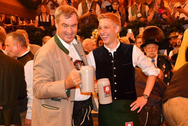 Markus Söder and Munich Mayor Dominik Krause at the opening of Oktoberfest on September 19, 2026, in Munich; Karin Söder, Markus Söder, Dominik Krause, Munich’s mayor, and Sebastian Mueller during the 2026 Oktoberfest Wiesn opening at the Schottenhamel tent on Theresienwiese on September 19, 2026, in Munich, Germany. Oktoberfest opening 2026 in Munich