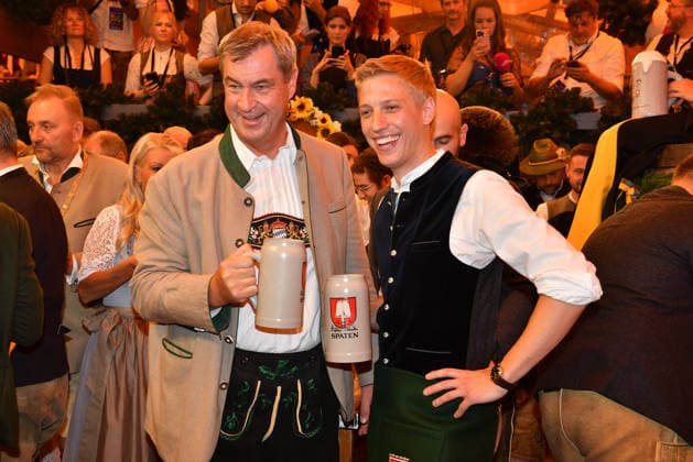 Markus Söder and Munich Mayor Dominik Krause at the opening of Oktoberfest on September 19, 2026, in Munich; Karin Söder, Markus Söder, Dominik Krause, Munich’s mayor, and Sebastian Mueller during the 2026 Oktoberfest Wiesn opening at the Schottenhamel tent on Theresienwiese on September 19, 2026, in Munich, Germany. Oktoberfest Opening 2026 in Munich