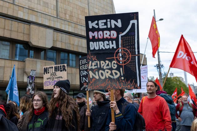September 19, 2026, Leipzig, Saxony, Germany: Protesters take part in a demonstration against plans by US defense company Covenant to establish a missile production facility in the Leipzig region. The demonstration, organized by the alliance Ã¢â‚¬oeKeine Raketenfabrik in LeipzigÃ¢â‚¬Â (No Missile Factory in Leipzig), began at Augustusplatz in central Leipzig and called for the planned production of long-range Anthem cruise missiles to be stopped. Covenant plans to begin production in the Leipzig area in 2027. Protesters carried banners and placards calling for peace, disarmament and civilian employment instead of arms production. Leipzig Germany - ZUMAc291 20260919_zip_c291_007 Copyright: xMariaxCastrox