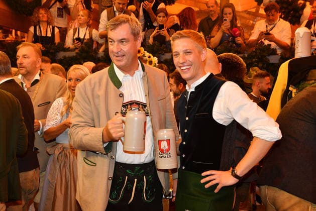 Bavarian State Governor Markus Söder and Munich Mayor Dominik Krause during the 2026 Oktoberfest Wiesn opening at the Schottenhamel tent at Theresienwiese on September 19, 2026, in Munich, Germany; 2026 Oktoberfest Wiesn opening in Munich, Germany
