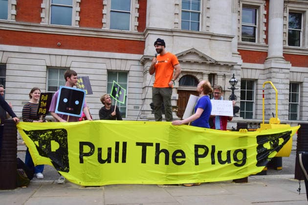 September 19, 2026, London, England, United Kingdom: Protesters gather outside the Department for Business, Innovation, Science and Trade against Big Tech control of AI and demanding that the government listens to the public, amid warnings that AI could lead to human extinction. The protest was organised by the activist group Pull The Plug. London United Kingdom - ZUMAv130 20260919_zip_v130_031 Copyright: xVukxValcicx