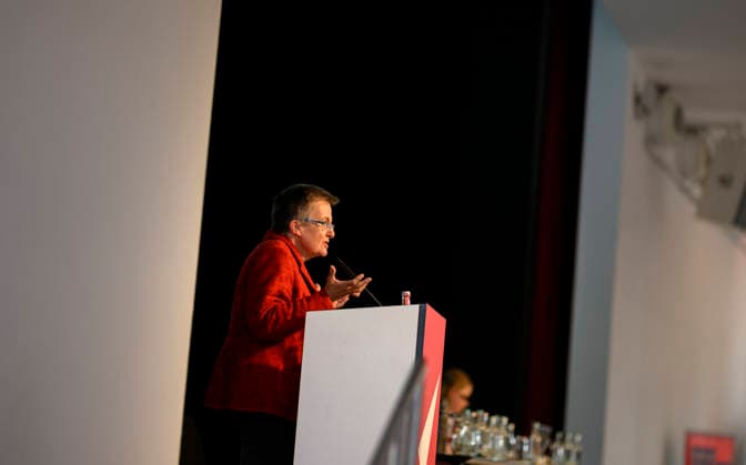 Kathrin Vogler, Spokesperson and State Chair, during the general debate on September 19, 2026, at the Die Linke NRW State Party Convention, held on September 19, 2026, in Mülheim an der Ruhr, Germany, at the Stadthalle