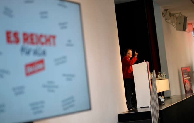 Kathrin Vogler, Spokesperson and State Chair, during the general debate on September 19, 2026, at the Die Linke NRW State Party Convention, held on September 19, 2026, in Mülheim an der Ruhr, Germany, at the Stadthalle