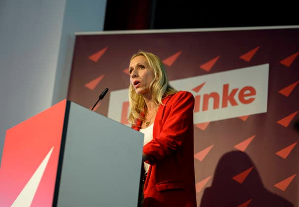 Alexandra Mehdi, lead candidate for the 2027 North Rhine-Westphalia state election, during the general debate on September 19, 2026, at the Left Party of North Rhine-Westphalia state convention, held on September 19, 2026, at the Stadthalle in Mülheim an der Ruhr, Germany
