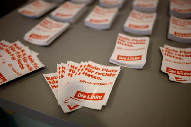 Feature, Sticker: No Room for Right-Wing Hate Speech, Ban the AfD Now; Die Linke NRW State Party Convention, September 19, 2009, 2026, in Mülheim an der Ruhr, Germany, Stadthalle