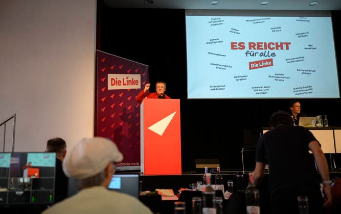 Kathrin Vogler, Spokesperson and State Chair, during the general debate on September 19, 2026, at the Die Linke NRW State Party Convention, held on September 19, 2026, at the Stadthalle in Mülheim an der Ruhr, Germany